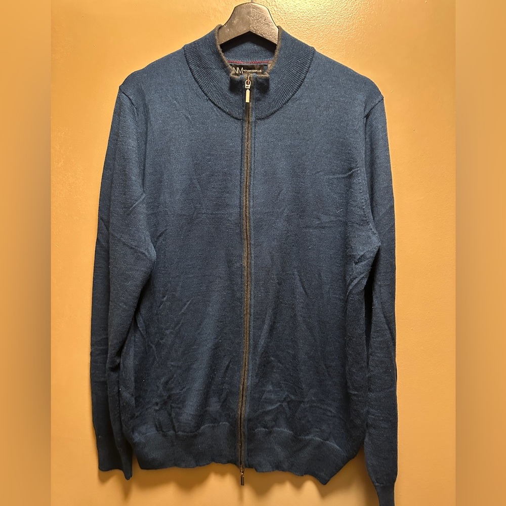 Neiman Marcus blue full zip wool blend sweater
